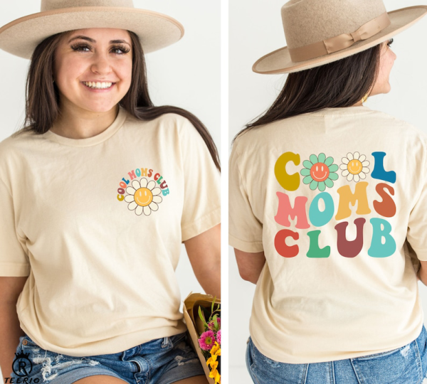 Retro Cool Moms Club Printed Front and Back, Cool Mom Shirt, Groovy Floral Mama Shirt, Mom Daisy Floral Smiley Face Tee, Gift For Mama