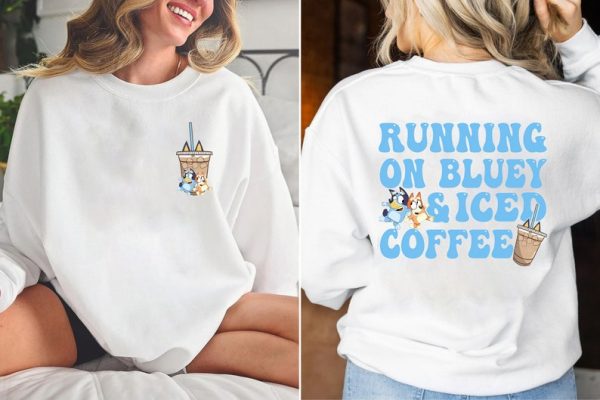 Running on Blue And Iced Coffee Shirt, Coffee Lover Shirt, Bluey Coffee Shirt, Bluey And Bingo Shirt, Mother’s Day Gift Idea