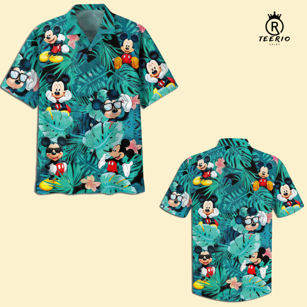 Mickey Mouse Flowers And Leaves Hawaiian Shirt