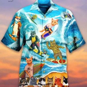 Cat Surfing Hawaiian Shirt For Men And Women, Cat Hawaiian Shirt, Gifts For Cat Lovers, 3D Hawaiian Aloha Shirt,Hawaii Shirt, Vacation