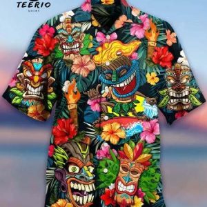 Tropical Tiki Head Hawaiian Shirts for Men Women, Tropical Summer Beach Aloha Button Down Short Sleeve Mens Hawaiian