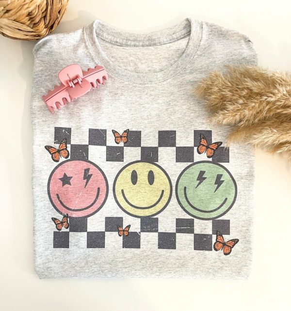 Retro happy face graphic tee, checkered graphic tee, trendy graphic tee, gift for her