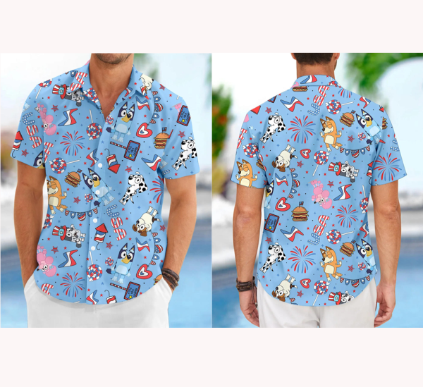 Bluey Hawaiian Shirt, Bluey Shirt, Bluey 4Th Of July Shirt, Bluey And Bingo Button Shirt, Bluey Patriotic Shirt, Bluey Bingo Shirt