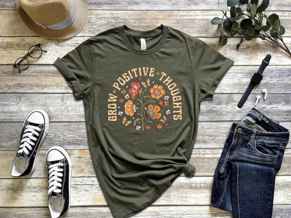 Grow Positive Thoughts Tee, Floral T-shirt, Bohemian Style Shirt, Butterfly Shirt, Trending Right Now, Women’s Graphic T-shirt