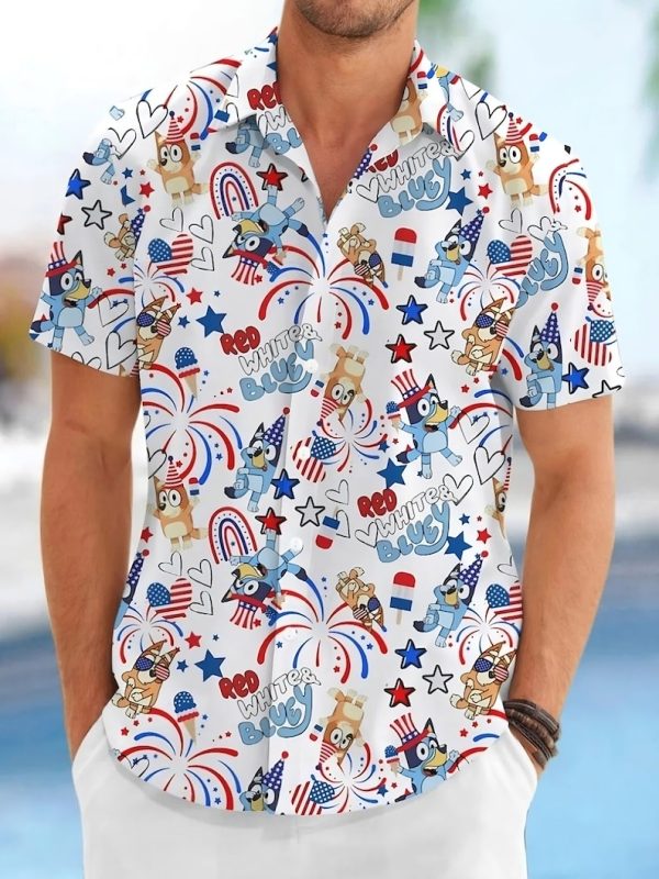 Bluey Hawaiian Shirt, Bluey Shirt, 4Th Of July Shirt, Bluey And Bingo Button Shirt, Floral Shirt, Bluey Independence Day, Bluey Unisex Shirt