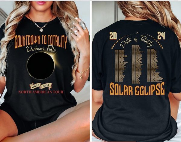 Total Solar Eclipse Shirt April 8th 2024, Rock Concert Tour Tee with Path of Totality Cities Listed on Back, Mexico, United States, Canada