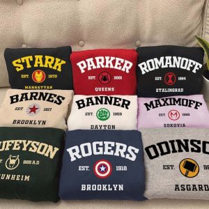 Marvel Superhero Team, Avengers Team Sweatshirts, Romanoff 1984, Stark 1970, Banner 1969, Rogers 1917, Maximoff 1989, MCU, Avengers Assemble