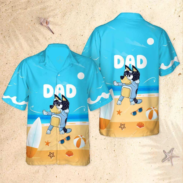 Bluey Rad Dad Hawaiian Shirt, Bandit Heeler Hawaiian Shirt, Fathers Day, Bluey Dad Button Up Shirt, Bluey Family Shirt, Rad Dad Bluey Shirt