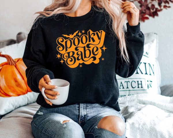 Retro Spooky Babe Sweatshirt | Girls Halloween shirts | Spooky Babe Hoodies | Vintage Halloween Gift Sweater