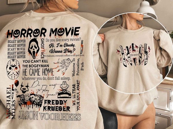 Retro 90s Horror Movie Sweatshirt, Vintage Halloween Horror Character Crewneck, Fall Crewneck, Scream Ghostface, Michael Myers, Freddy, IT