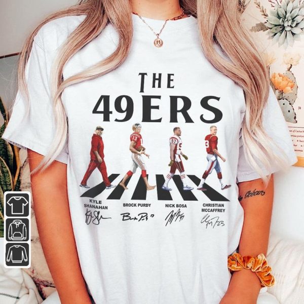 49ers Walking Abbey Road Signatures Football Shirt, Kyle Shanahan, Brock Purdy, Nick Bosa, Christian McCaffrey, Francisco Vintage 310 VCT