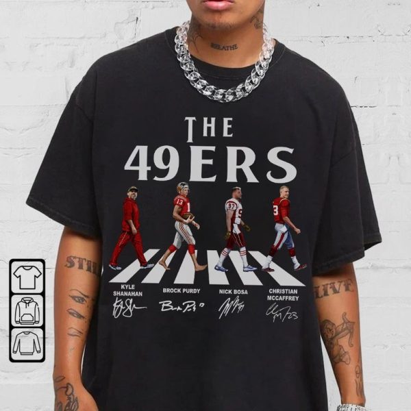 49ers Walking Abbey Road Signatures Football Shirt, Kyle Shanahan, Brock Purdy, Nick Bosa, Christian McCaffrey, Francisco Vintage 310 VCT