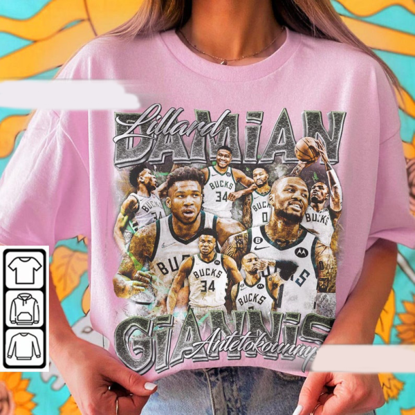 Damian Lillard Giannis Antetokounmpo Milwaukee Basketball 90s Shirt, Bootleg Sport Christmas Gift Fathers Day Vintage 90s Y2K 410S MLUD