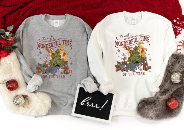 Winnie The Pooh Christmas Tree Sweatshirt, The Most Wonderful Time Of The Year Winnie The Pooh Christmas Lights Sweatshirt, Pooh Sweatshirt