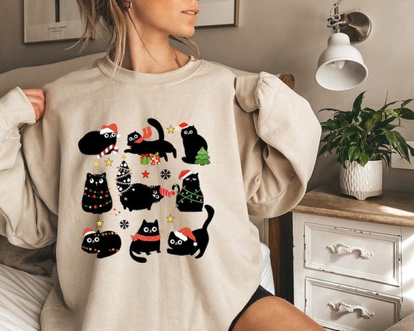 Christmas Black Cat Sweatshirt, Black Cat Christmas Shirt, Cat Lover Gift, Cat Mom Sweater,Xmas Gift, Holiday Hoodie, Kitten Christmas Shirt