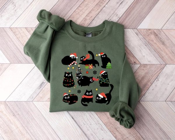 Christmas Black Cat Sweatshirt, Black Cat Christmas Shirt, Cat Lover Gift, Cat Mom Sweater,Xmas Gift, Holiday Hoodie, Kitten Christmas Shirt