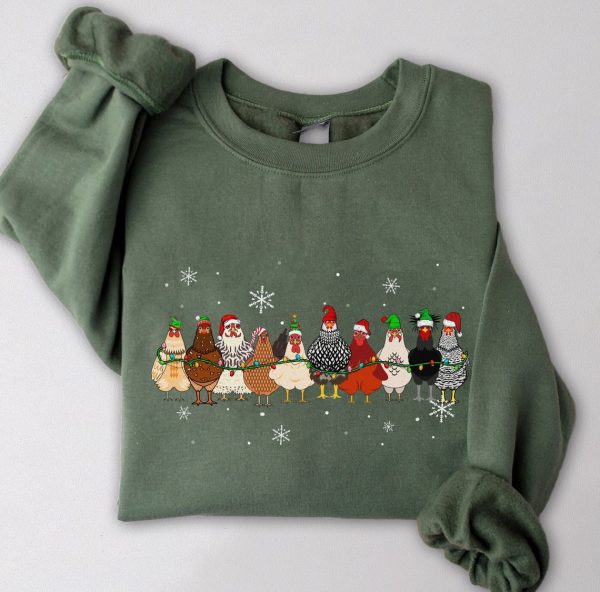 Christmas Chickens Sweatshirt, Cute Chicken Farm Animals Holiday Shirt, Trendy Santa Hat Animal Farmer Heiffer Bull Gift Holidays Crewneck