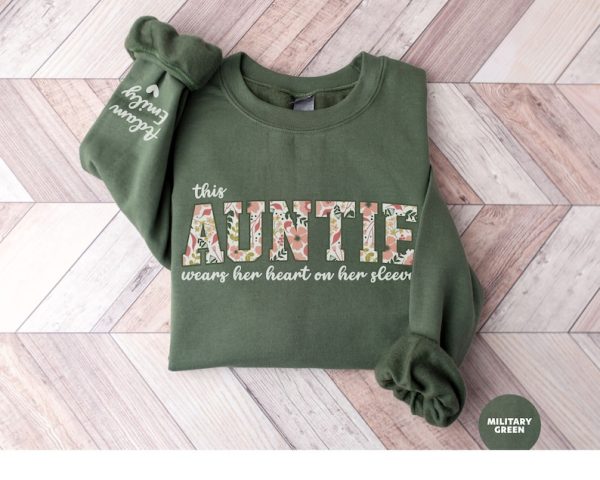 I Wear My Heart On My Sleeve Sweatshirt, Custom Auntie Sweatshirt With Kid Name On Sleeve, Floral Aunt Sweater, Christmas Auntie Crewneck