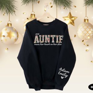 I Wear My Heart On My Sleeve Sweatshirt, Custom Auntie Sweatshirt With Kid Name On Sleeve, Floral Aunt Sweater, Christmas Auntie Crewneck