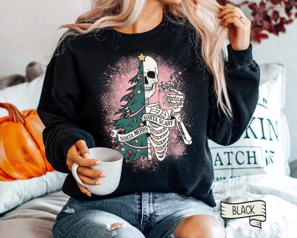 Sorta Merry Sorta Scary Crewneck, Funny Christmas Sweatshirt, Cute Spooky Season Sweater, Funny SweaterCustom Christmas Skeleton Sweatshirt