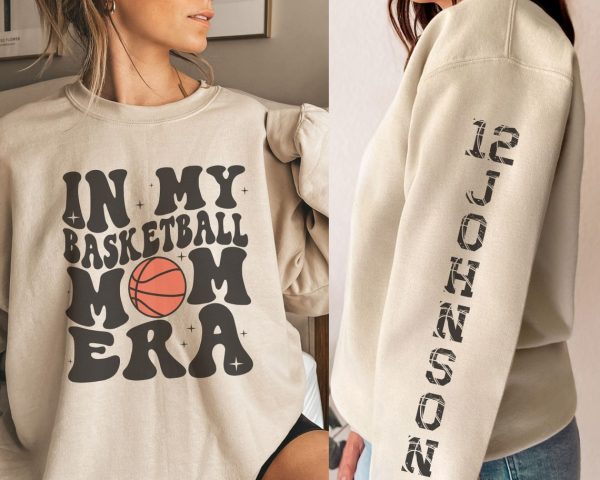 Personalized In My Basketball Mom Era Sweatshirt, Custom Basketball Name And Number On Sleeve, Sport Mom Crewneck, Basketball Mom Sweater