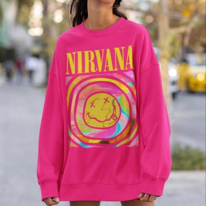 Nirv.ana Pink Hoodie, Pink Nirvana Smile Face Shirt, 90s T-shirt Vintage Aesthetic, Hot Pink Nirvana Tshirt,Pink Y2K Pullover Hoodie