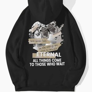 Eternal All Things Come To Those Who Wait & Butterfly Print Kangaroo Pocket Drawstring Thermal Lined Hoodie, Sweatshirt