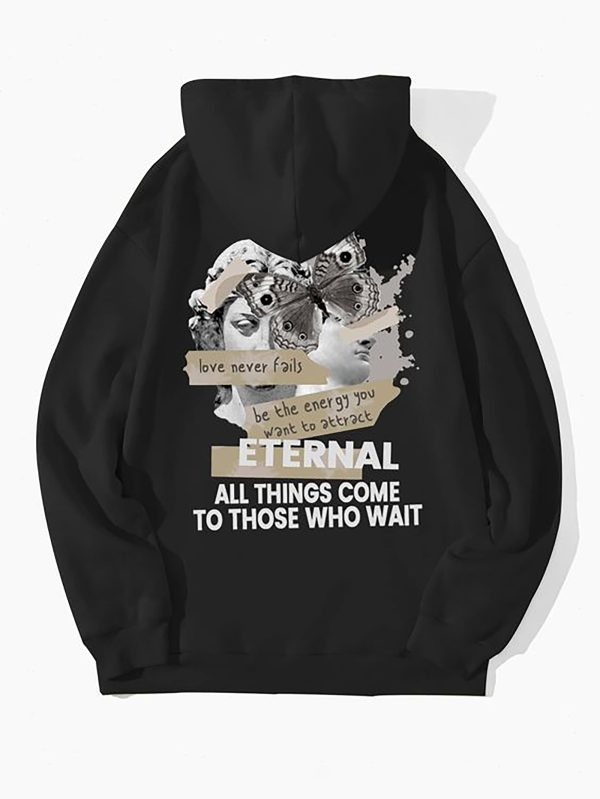 Eternal All Things Come To Those Who Wait & Butterfly Print Kangaroo Pocket Drawstring Thermal Lined Hoodie, Sweatshirt