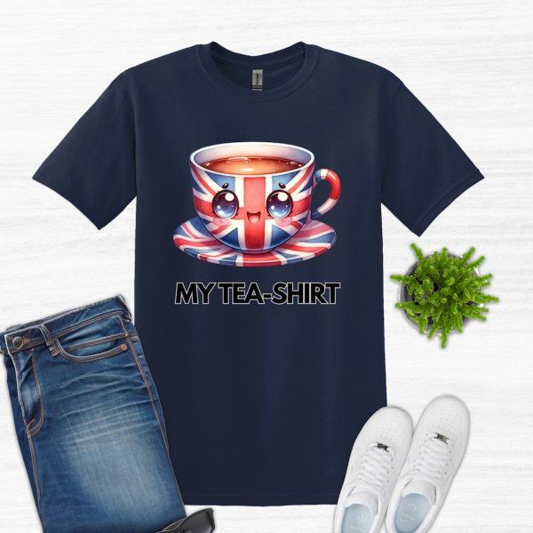 My Tea- Shirt V Neck Unisex T-Shirt, Funny British Union Jack Cup of Tea, Union Jack T Shirt, British Funny Tea Shirt Gift, Funny Tea Cup