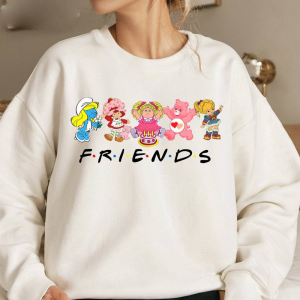 Cartoon Friends Nostalgia Sweatshirt, Care Bear Friends Shirt, Friends 80’s Cartoon Characters png, Vintage Rainbow Brite and Strawberry Shortcake