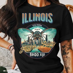 Illinois Cicada Emergence 2024 Shirt with Illinois Iconic Landscape and Rural Areas Feel the Buzz Brood XIII Graphic Tee Cicada Tshirt Event