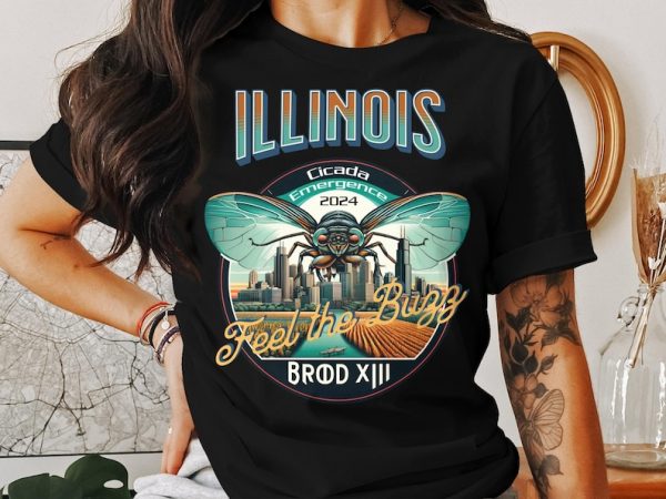 Illinois Cicada Emergence 2024 Shirt with Illinois Iconic Landscape and Rural Areas Feel the Buzz Brood XIII Graphic Tee Cicada Tshirt Event