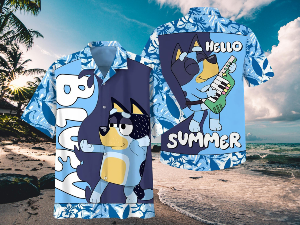 Blue Hello Summer Hawaiian Shirt, Blue Dog Hawaiian Shirt, Blue Dog Family Shirt, Dad Shirt