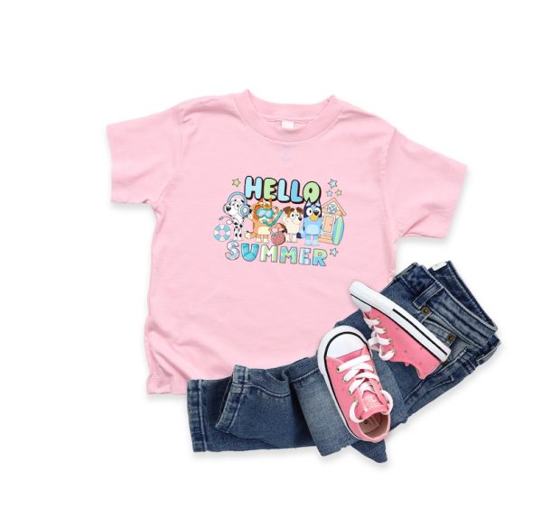 Hello Summer T-shirt, Bluey Shirt, Bingo Shirt, Bluey and Friends, Disney Shirt, Vacation Shirt, Kids Holiday Tees, Summer Vibes, Disney Tee