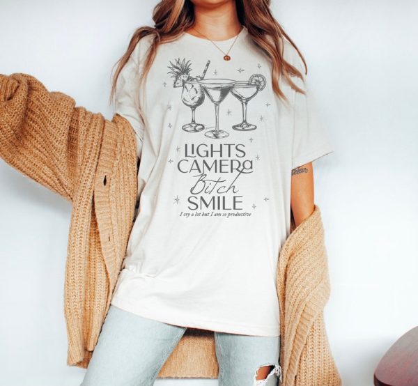 Lights Camera Bitch Smile | Graphic Shirt | Lyrics, Vintage, Unisex Tee, Academia, Tortured Poets| Swiftie Merch | TTPD | TTPD Merch